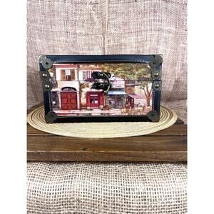 Vintage Inspired Wooden Box~Street Scene in Paris~ Metal Corners~ Leather Accent